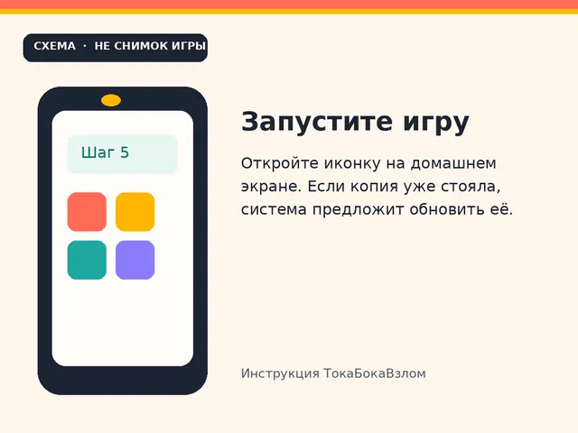 Схема шага 5: запустить игру с домашнего экрана. Рисунок инструкции, не снимок игры.